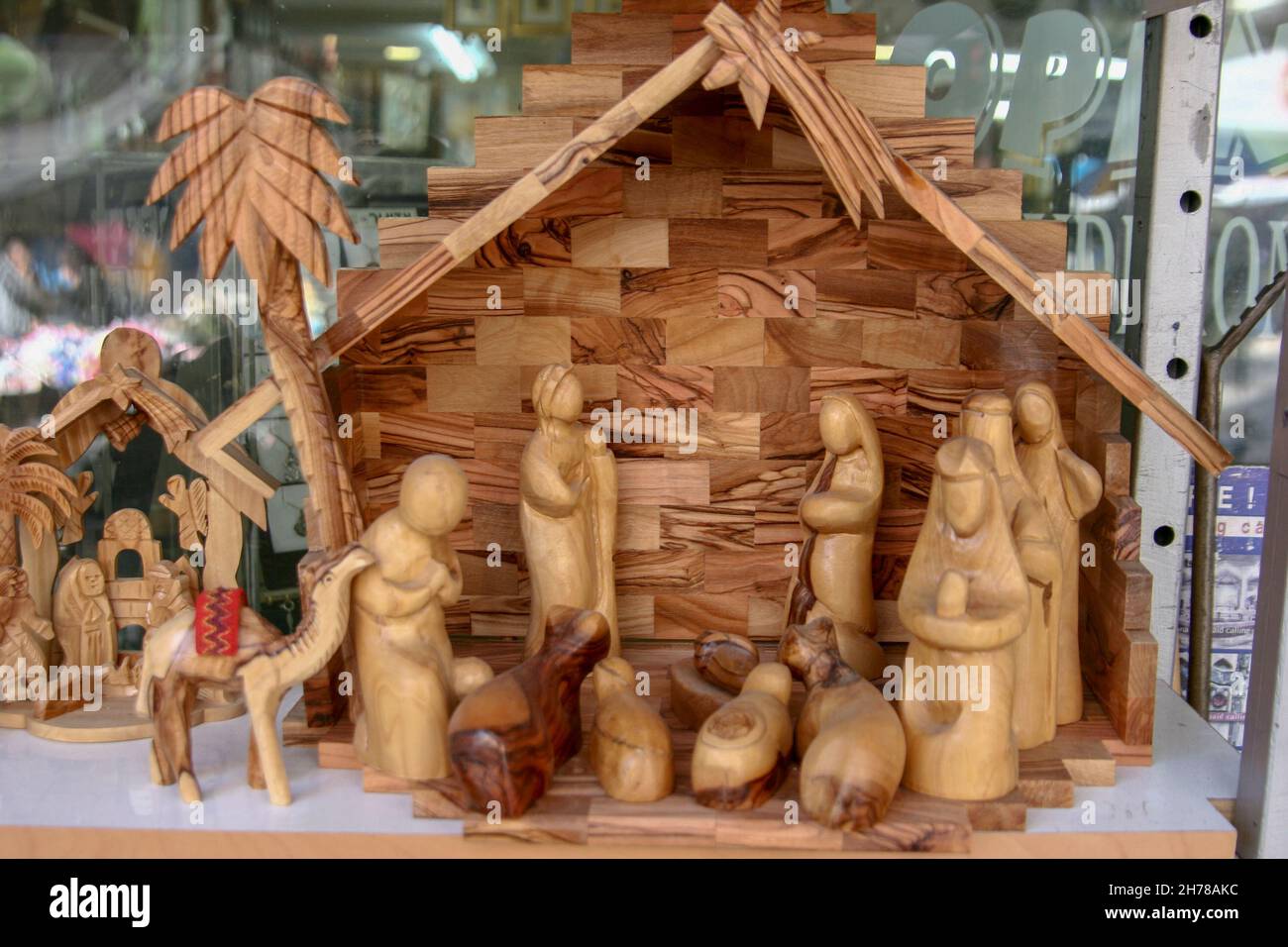 Hand carved olive wood Nativity scene. Photographed in Nazareth, Israel