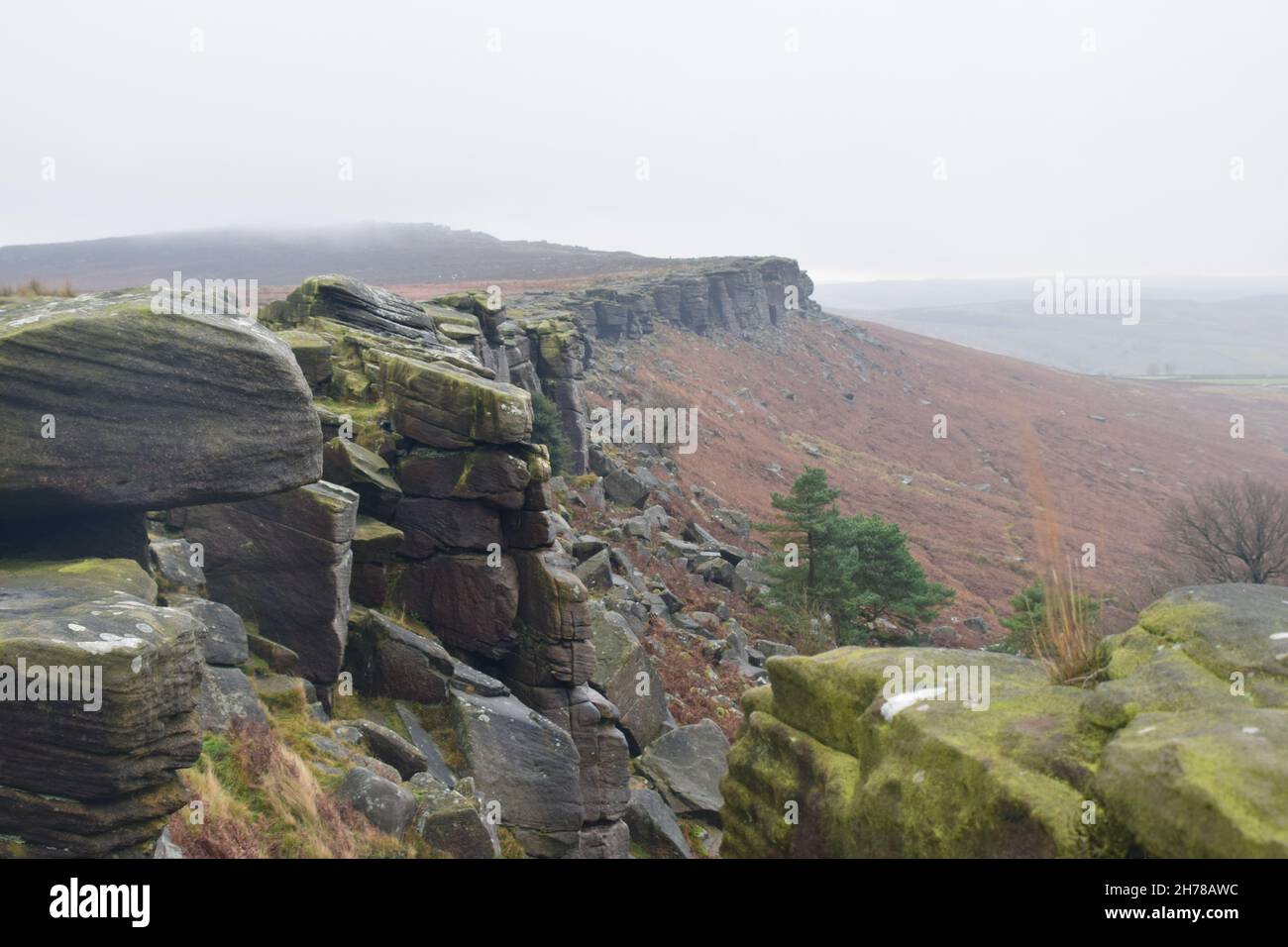 Gritstone rock features at Derbyshires Stanage Edge, a rock climbers