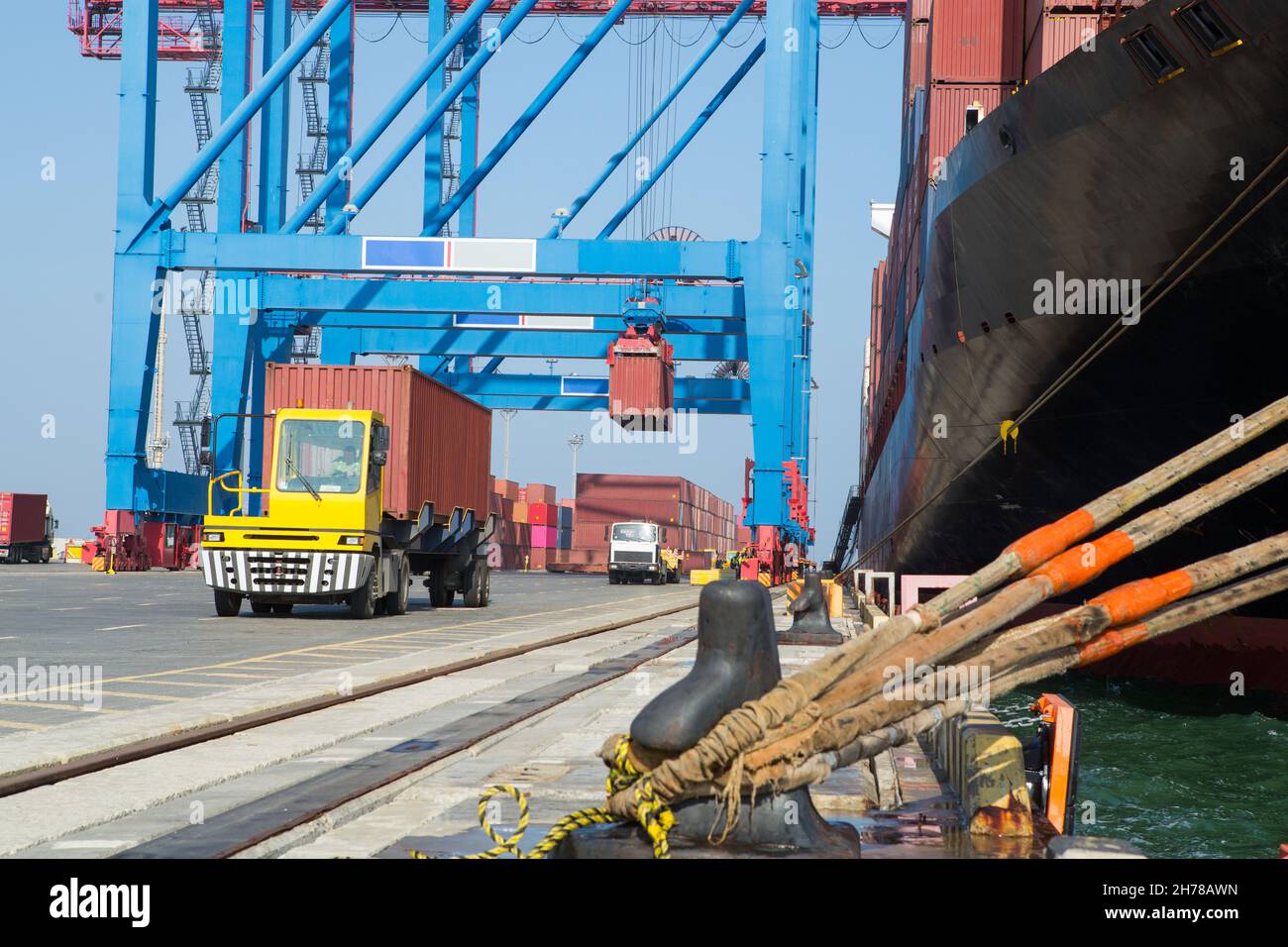 Container ship in port at container terminal. Ships of container ships ...