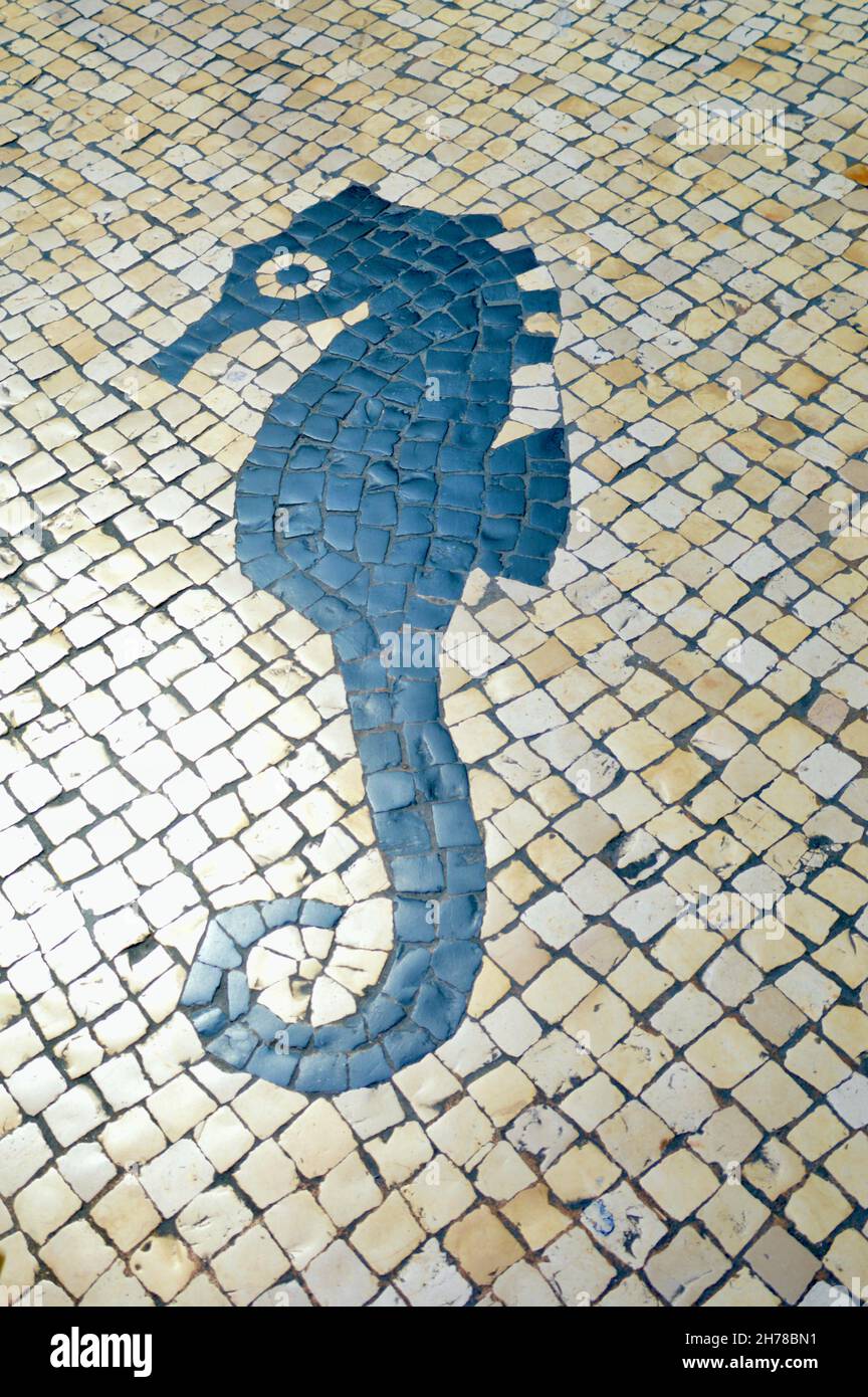 Seepferdchen als fröhliches Mosaik-Motiv im Strassenbelag von  Hongkong Stock Photo