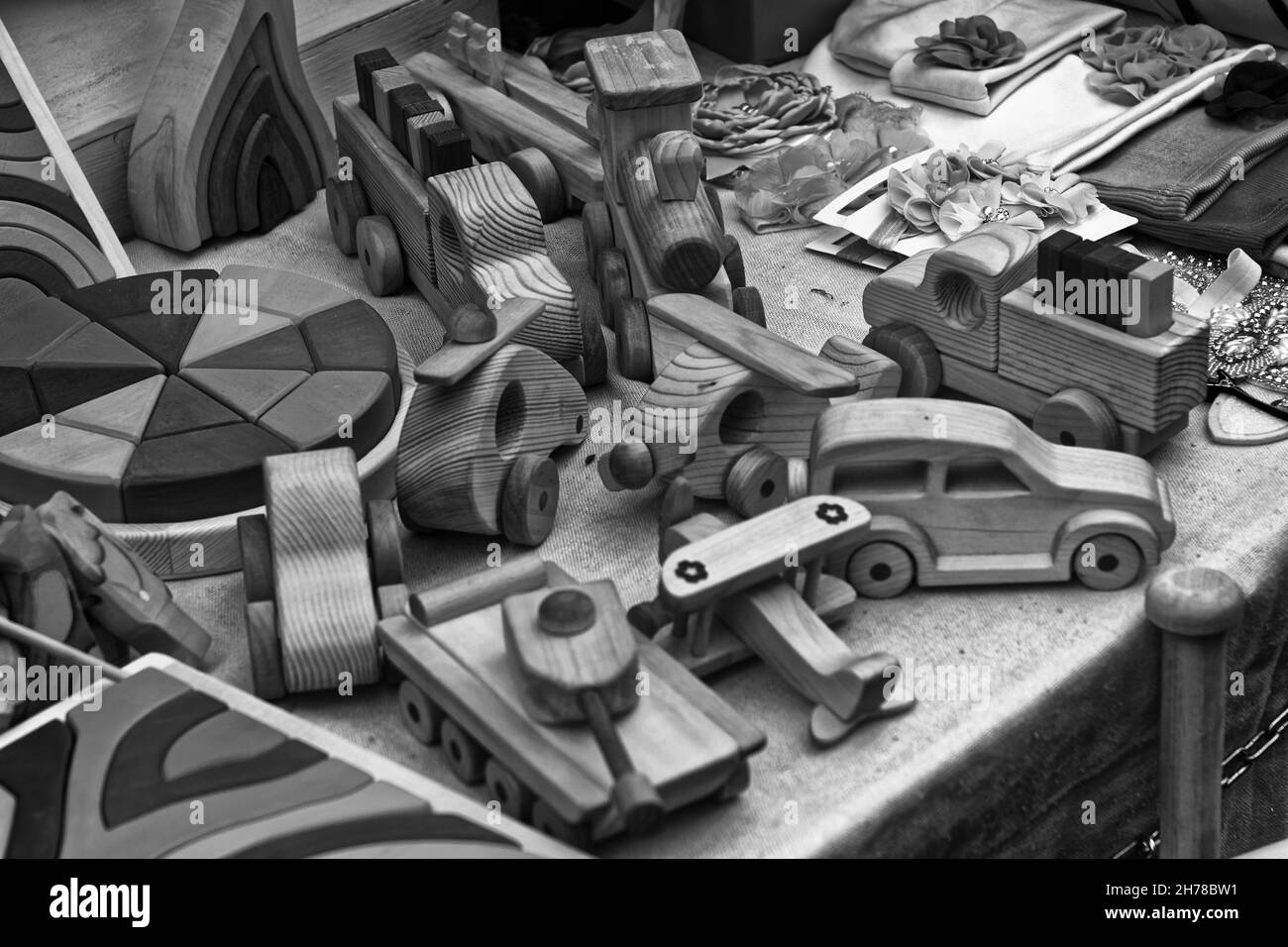 Photo of the counter with wooden toys Stock Photo Alamy