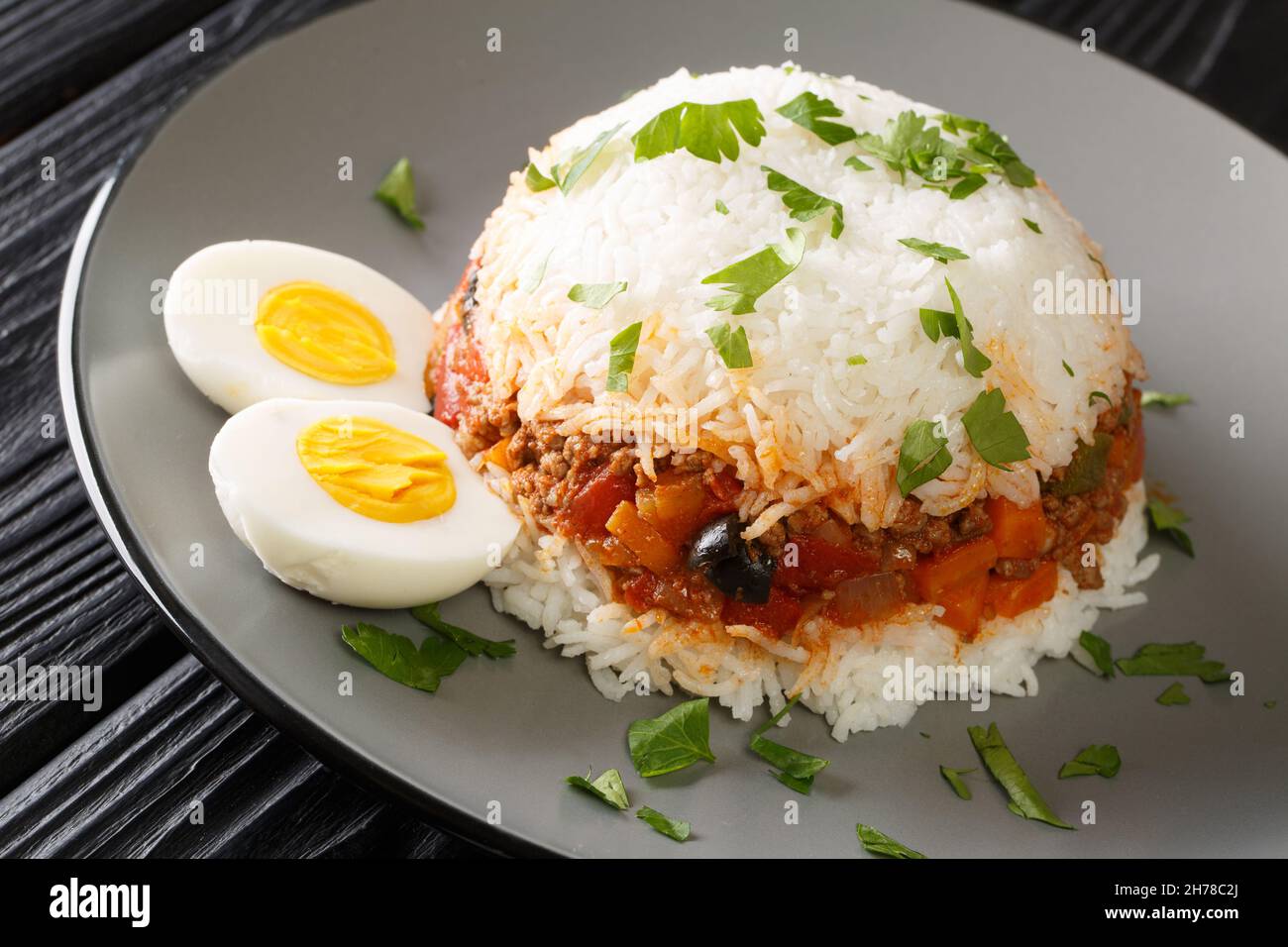 Tapatio Rice Arroz Tapado Peruvian Rice with Beef and vegetables close up in the ...