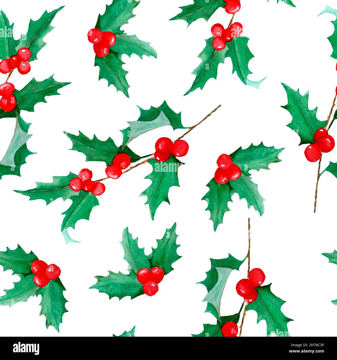 Watercolor seamless hand drawn pattern with Christmas plants holly pine spruce conifer branches holly red berries. Elegant winter candles on white background for wrapping paper textile new year celebration Stock Photo