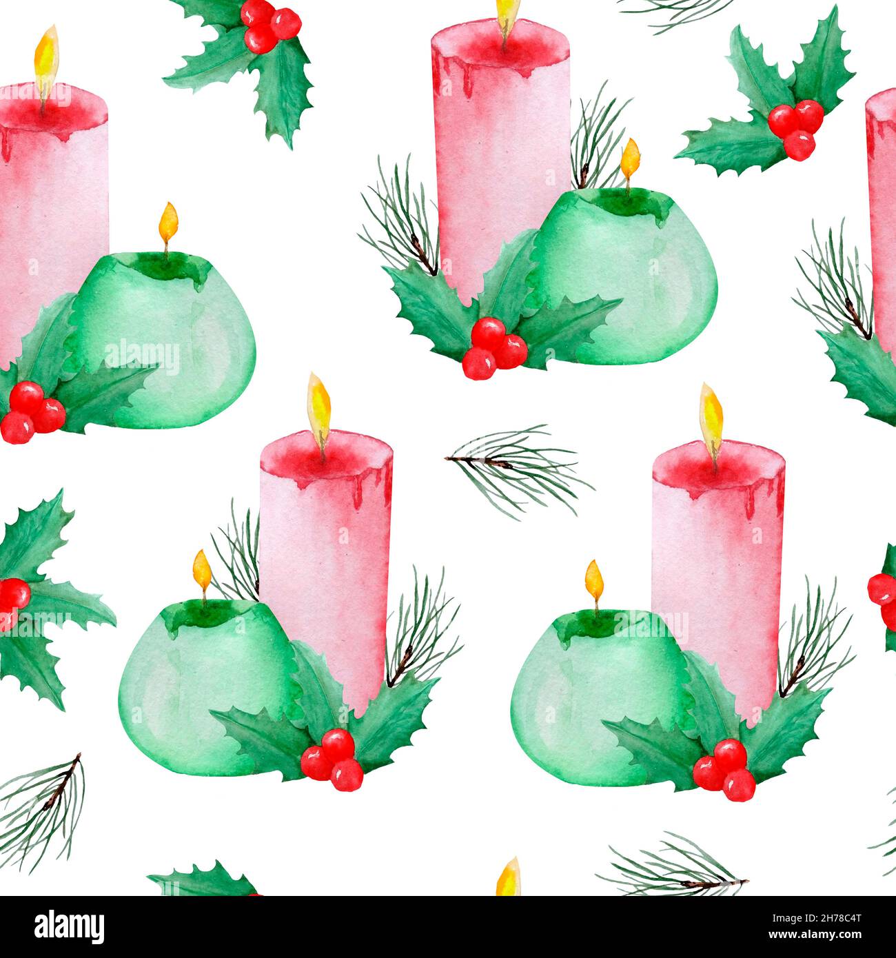 Watercolor seamless hand drawn pattern with Christmas plants holly pine ...