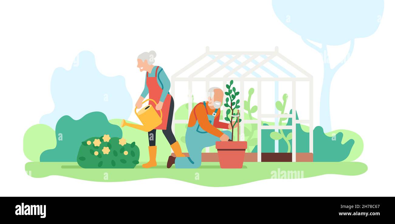 Senior family hobby. Elderly people engaged gardening. Grandparents plant and water flowers in yard. Couple take care of blossoms. Persons work in Stock Vector