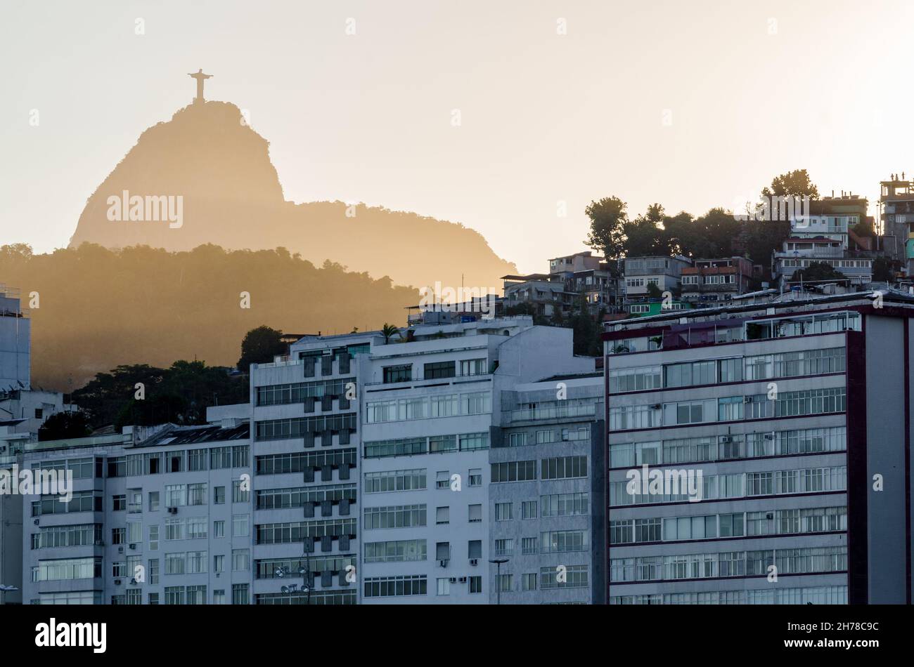 Luxury Buildings in Front of the Copacabana Beach with Corcovado Mountain Behind in Rio de Janeiro, Brazil Stock Photo