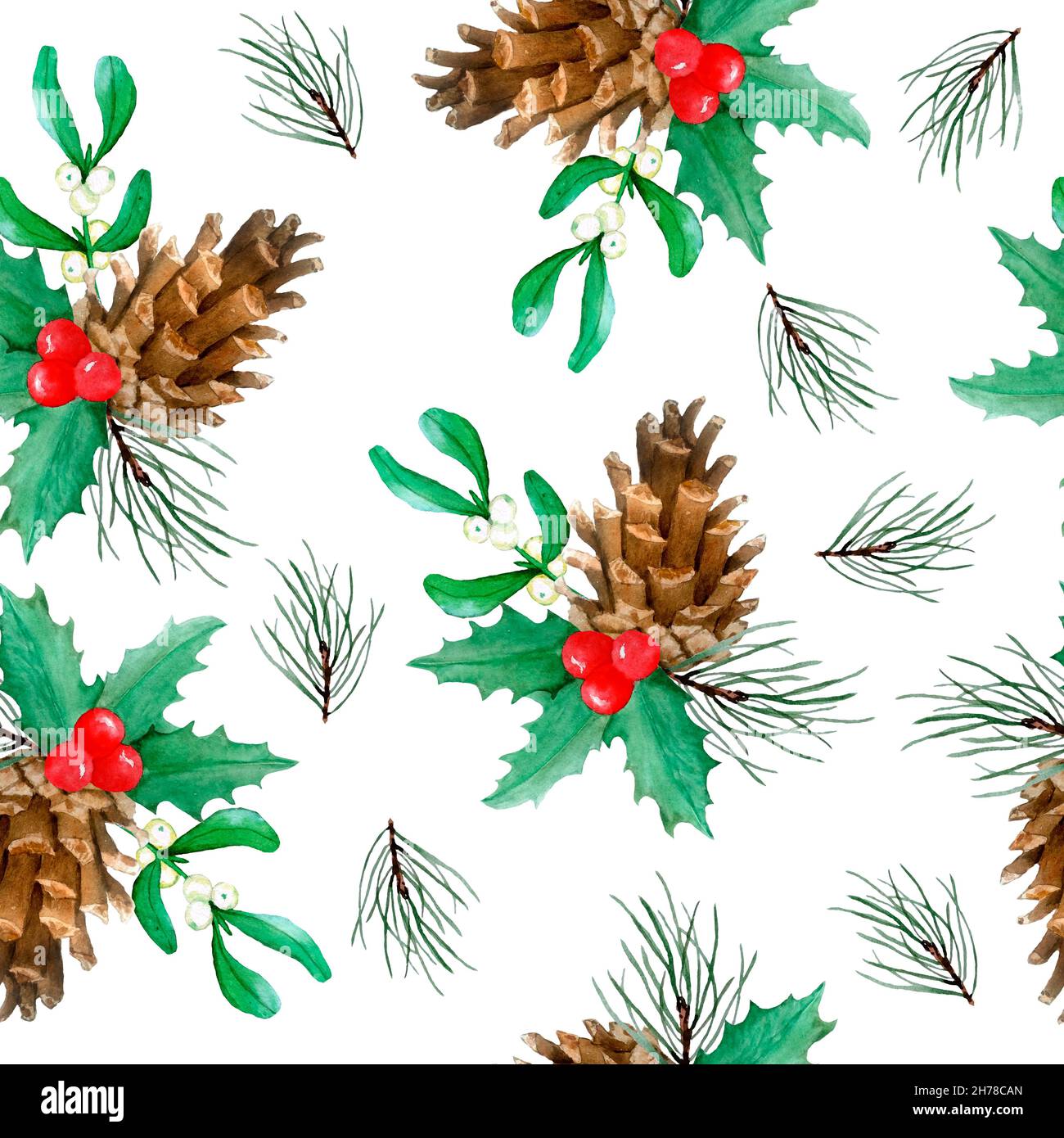 Watercolor seamless hand drawn pattern with Christmas plants holly pine ...
