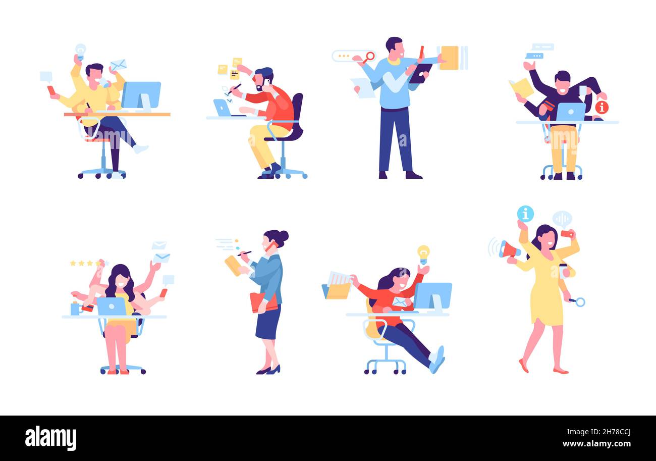 Multitasking people. Office employees with multiple hands and productive business professionals set Stock Vector
