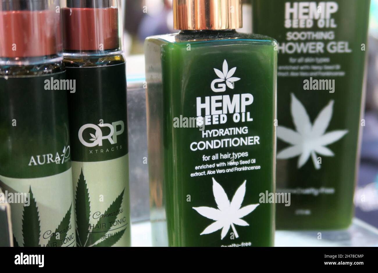 Hemp/Cannabis/CBD/cannabidiol - Beauty Products to include hair conditioner and shower gel Stock Photo