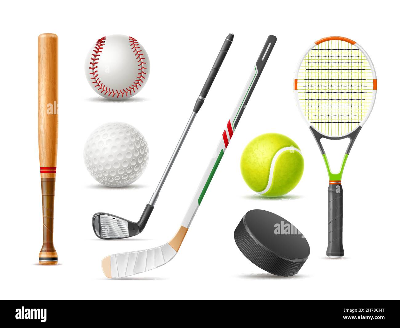Realistic sport inventory. Wooden baseball bat. Tennis racket and ball