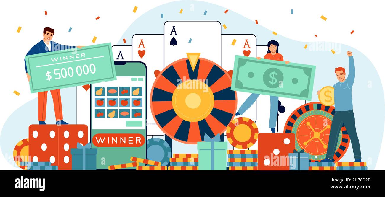 Casino gambling people. Business or entertainment. Profitable industry. Lottery winner. Player characters with winning money. Gamblers play poker and Stock Vector