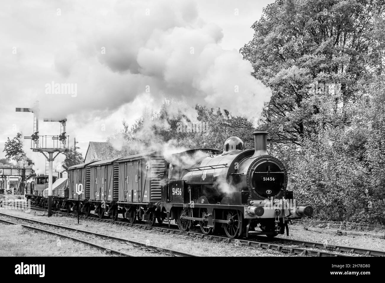 BR '2F' 0-6-0ST No. 51456 departs from Ramsbottom on the East Lancashire Railway Stock Photo