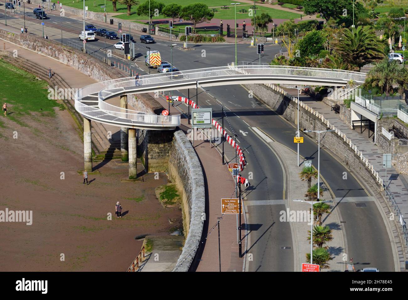 Spiral footbridge across the seafront road at Torquay, South Devon