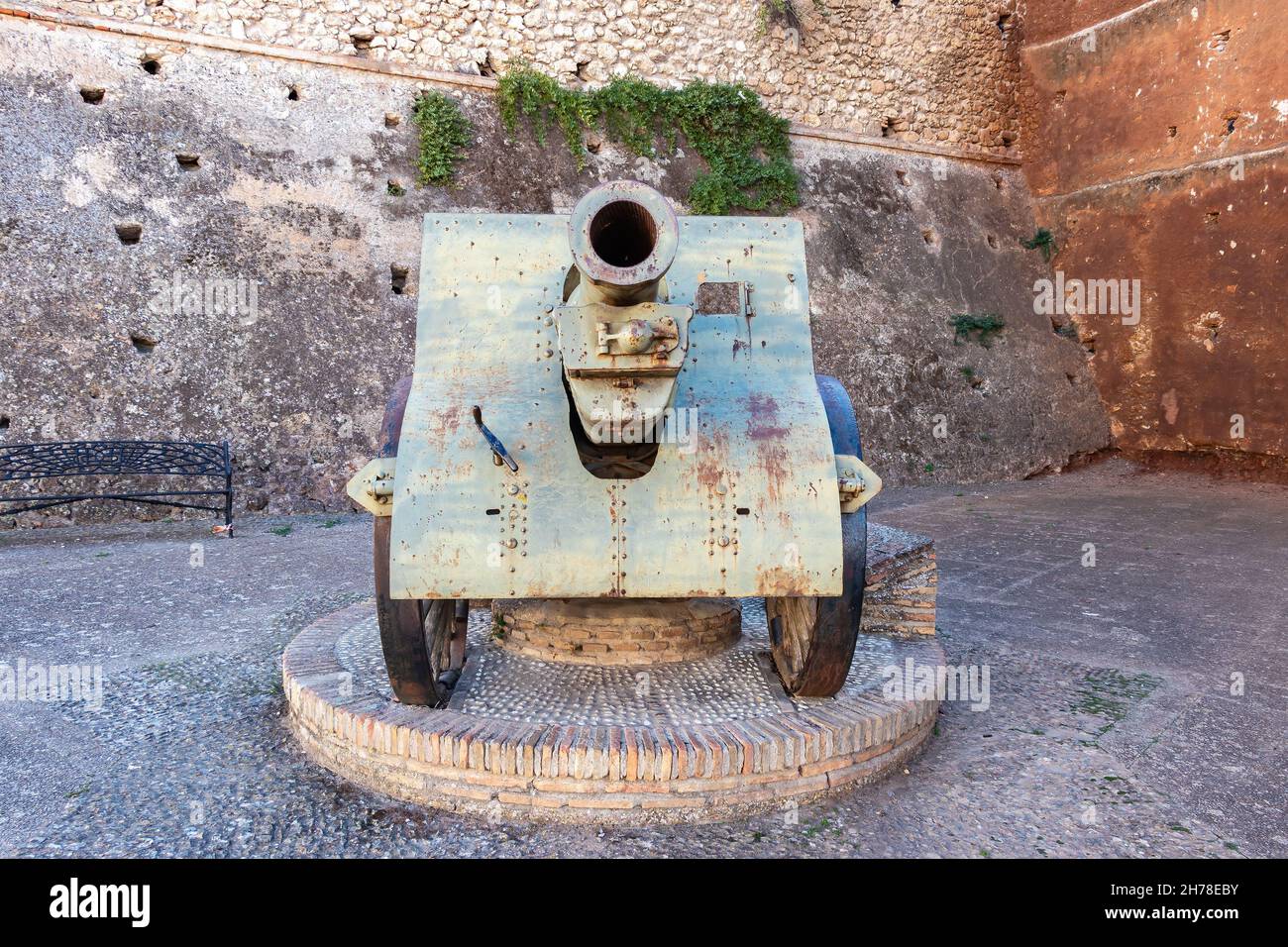 Ancient cannon for the defense of fortresses in exterior walls of Niebla Castle, in Huelva, Andalusia, Spain Stock Photo
