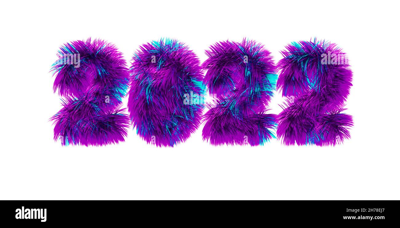 2022 date with fluffy bright numbers isolated on white background. Christmas New Year holiday design Stock Photo
