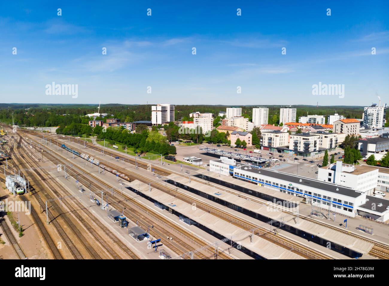 Kouvola, Finland - 4 June 2021: Aerial view of Kouvola railway station and city center. Stock Photo