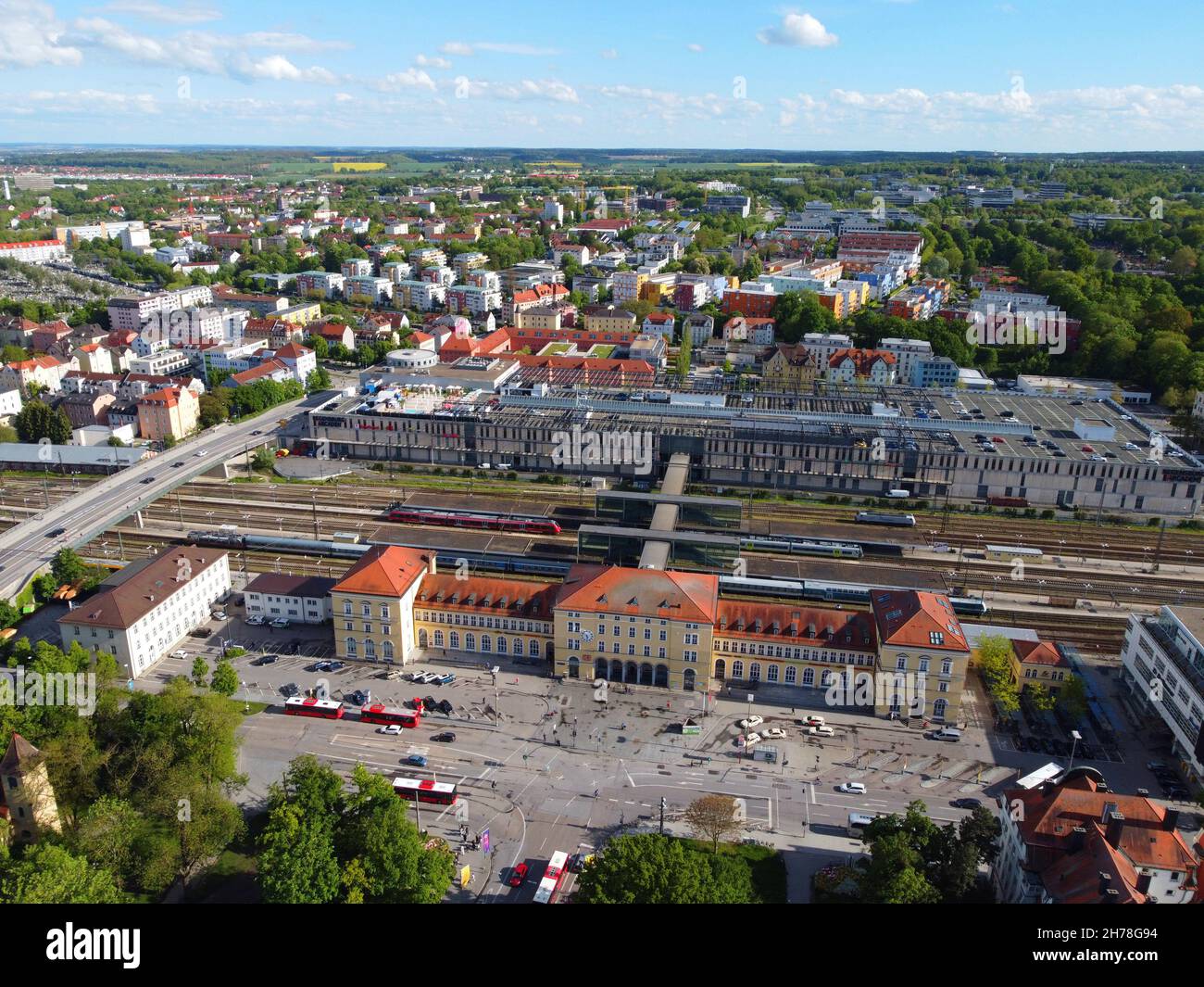 Regensburg, Germany: Aerial view at the central station Stock Photo