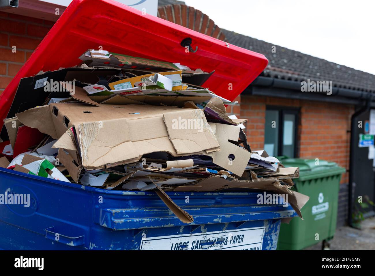 Woodbridge Suffolk UK July 07 2021 Overflowing commercial rubbish bins
