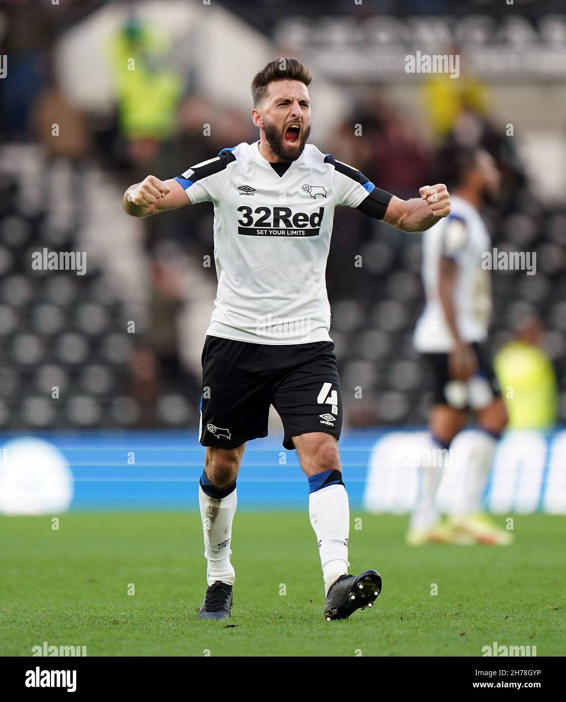 Derby County's Graeme Shinnie celebrates after the final whistle of the ...