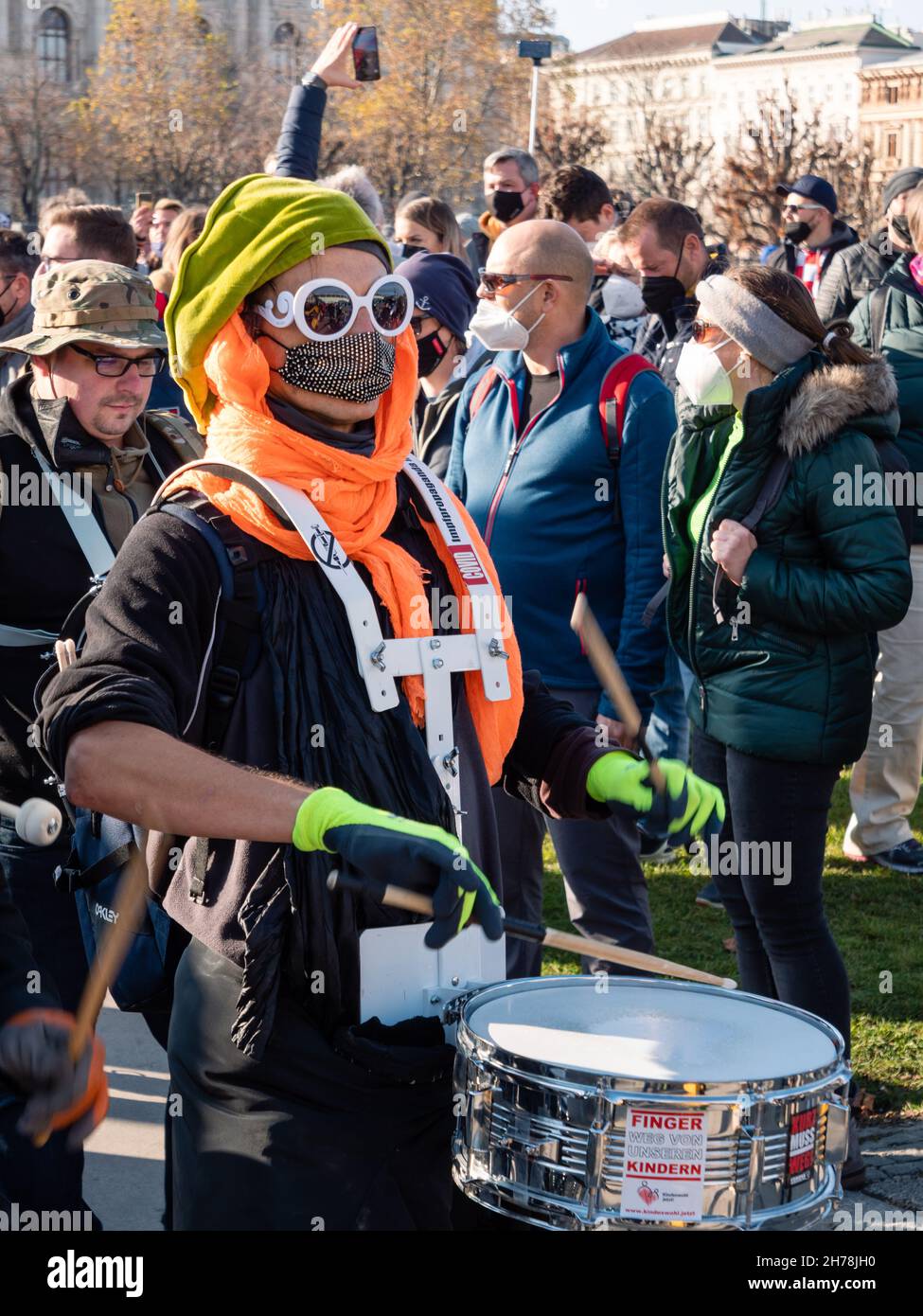 Vienna, Austria - November 20 2021: Covid-19 Demonstration Anti-Vaccination Protester and Drummer. Stock Photo