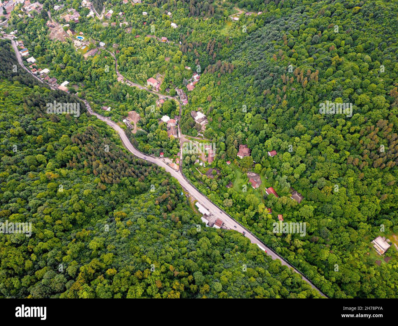 Drone view of a mountain valley with dense forests and a road along ...