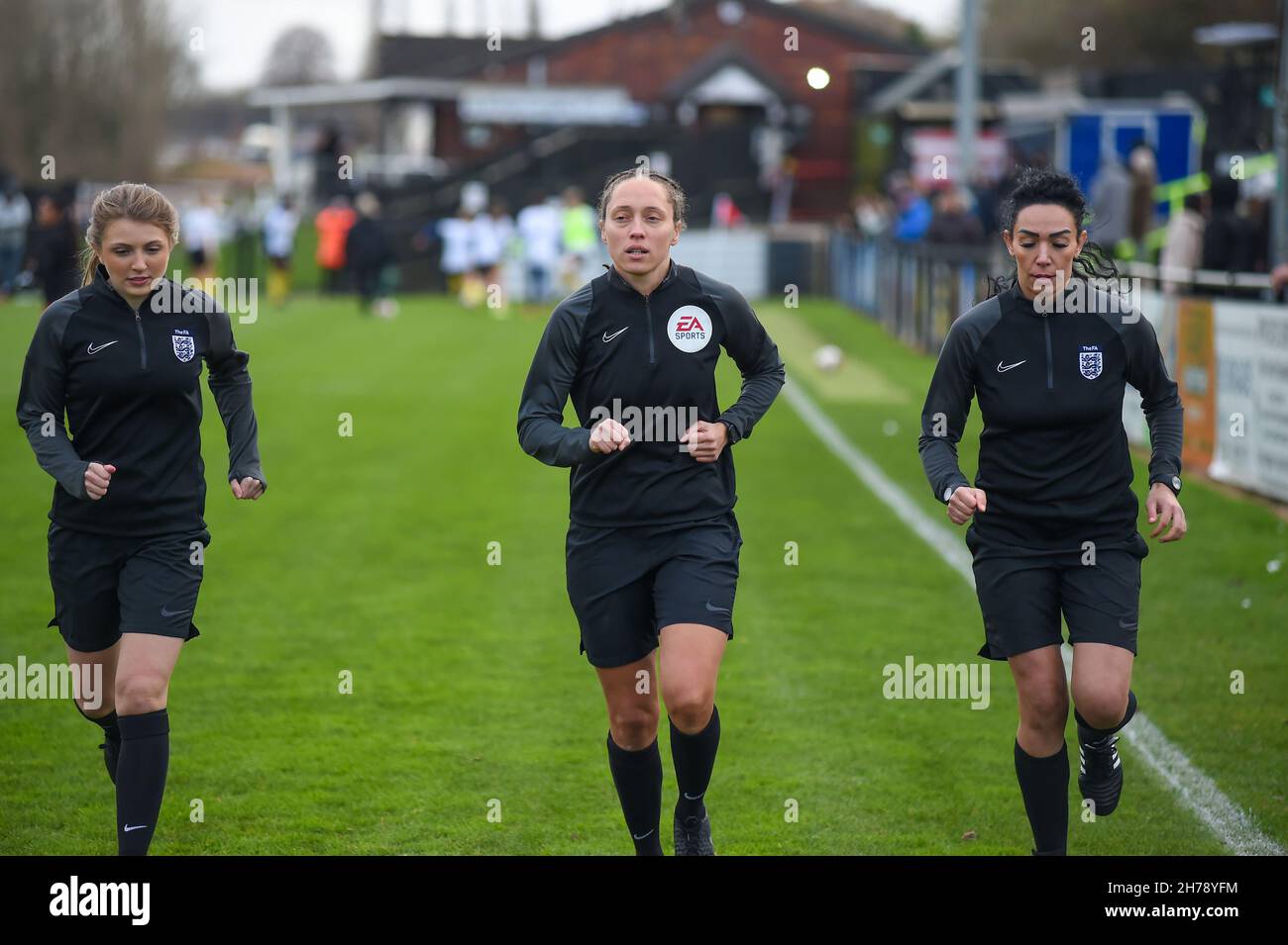 London, UK. 21st Nov, 2021. Kings Langley, England, November Referee Lauren Impey warms up with assistants before the FA Womens Championship game between Watford and Bristol City at The Orbital Fasteners Stadium - England. Credit: SPP Sport Press Photo. /Alamy Live News Stock Photo