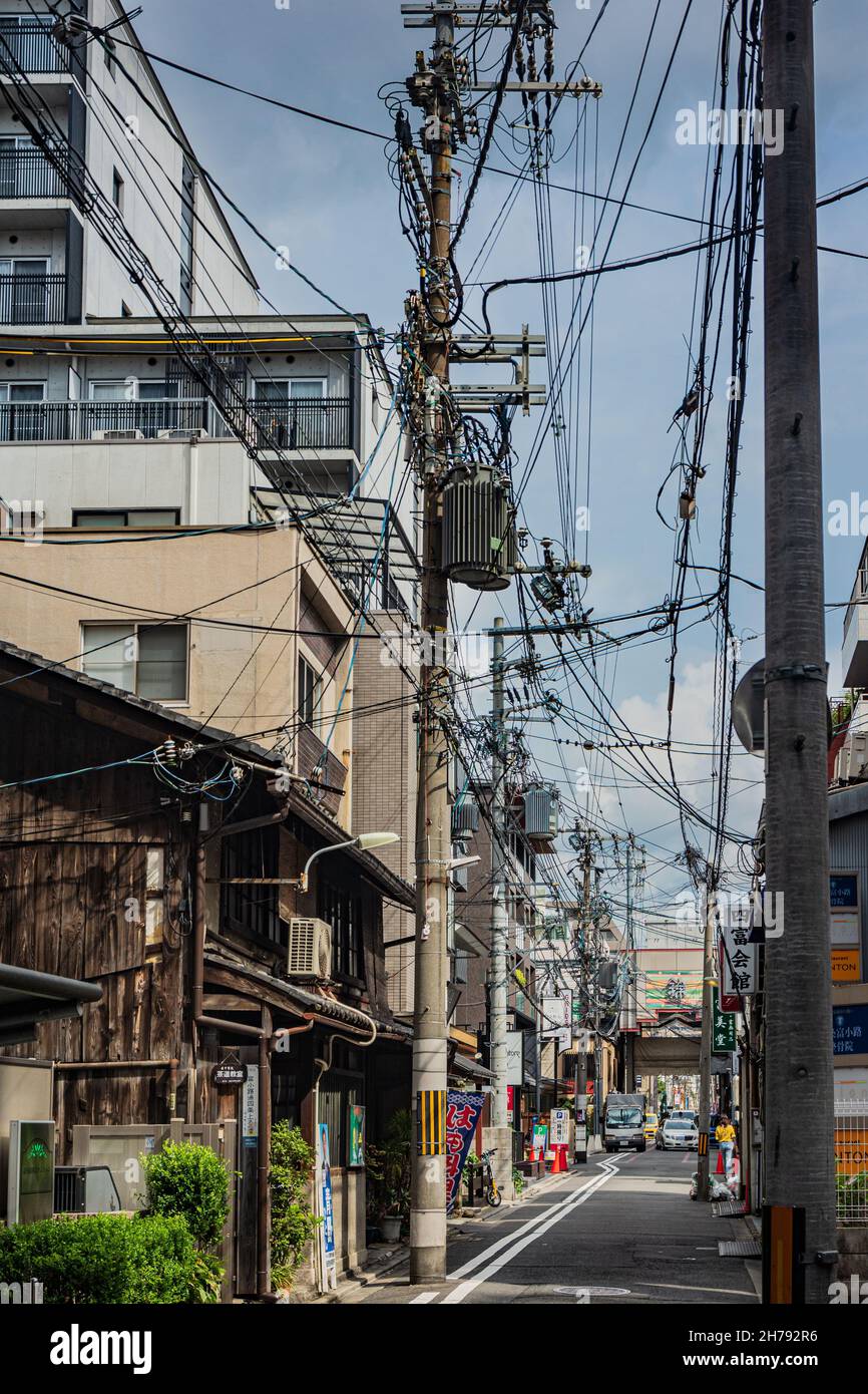 Kyoto, Japan, Asia - September 4, 2019 : Electric wires in Fuyacho Dori alley Stock Photo