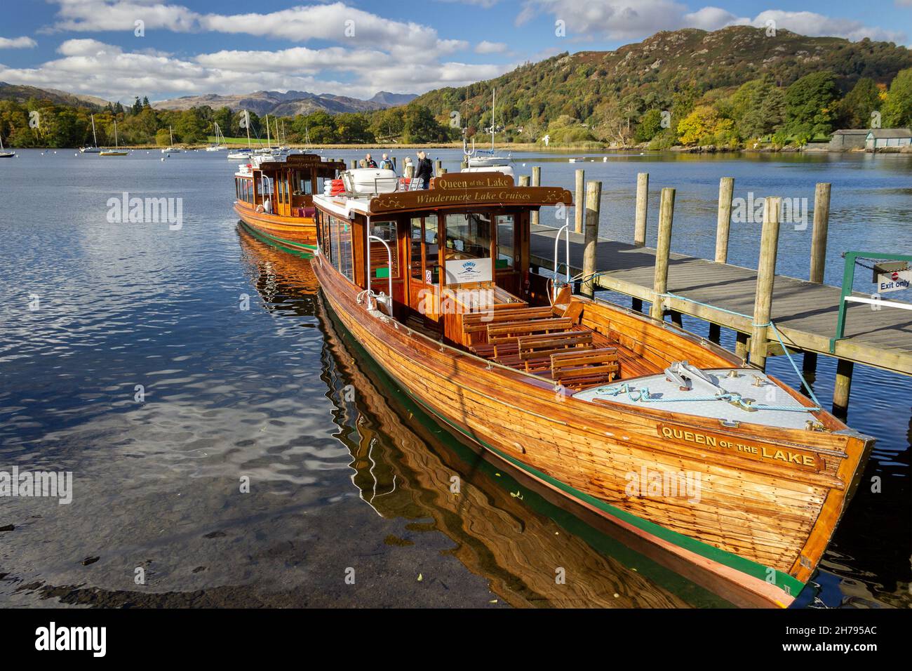 Ambleside, UK: Queen of the Lake ferry moored at Waterhead pier on Lake Windermere. Stock Photo