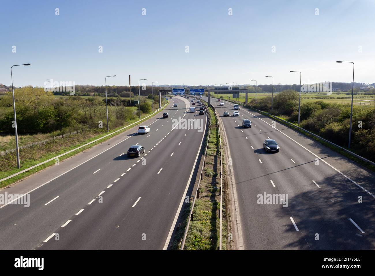Moreton, UK: M53 motorway, approach to Junction 2 (A551 to Hoylake and West Kirby), from Fender lane (A553) overpass. Stock Photo
