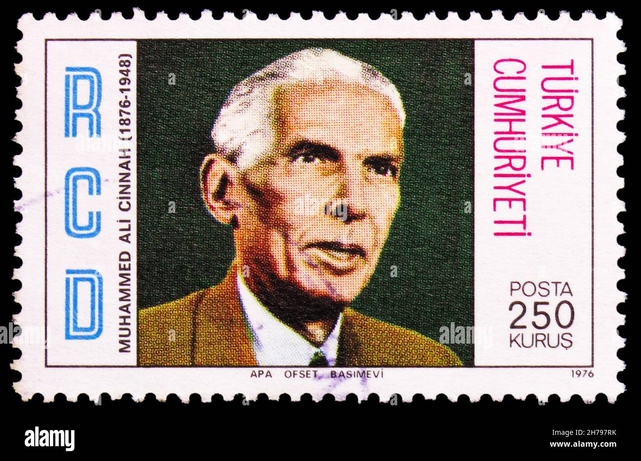 MOSCOW, RUSSIA - OCTOBER 25, 2021: Postage stamp printed in Turkey shows Mohammad Ali Jinnah, Governor General of Pakistan, Regional Cooperation for D Stock Photo