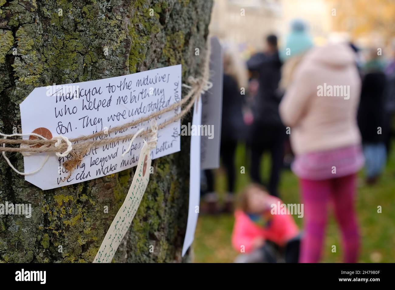 College Green, Bristol, UK. 21st Nov, 2021. Midwives and health care professionals protest about a crisis in maternity services. Protestors express concern over under staffing and under resourcing. Messages on the tree of life. Credit: JMF News/Alamy Live News Stock Photo