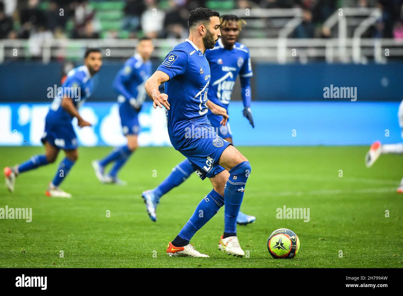 Adil RAMI of ESTAC Troyes during the French championship Ligue 1 football match between ESTAC Troyes and AS Saint-Etienne on November 21, 2021 at Stade de l'Aube in Troyes, France - Photo: Matthieu Mirville/DPPI/LiveMedia Stock Photo