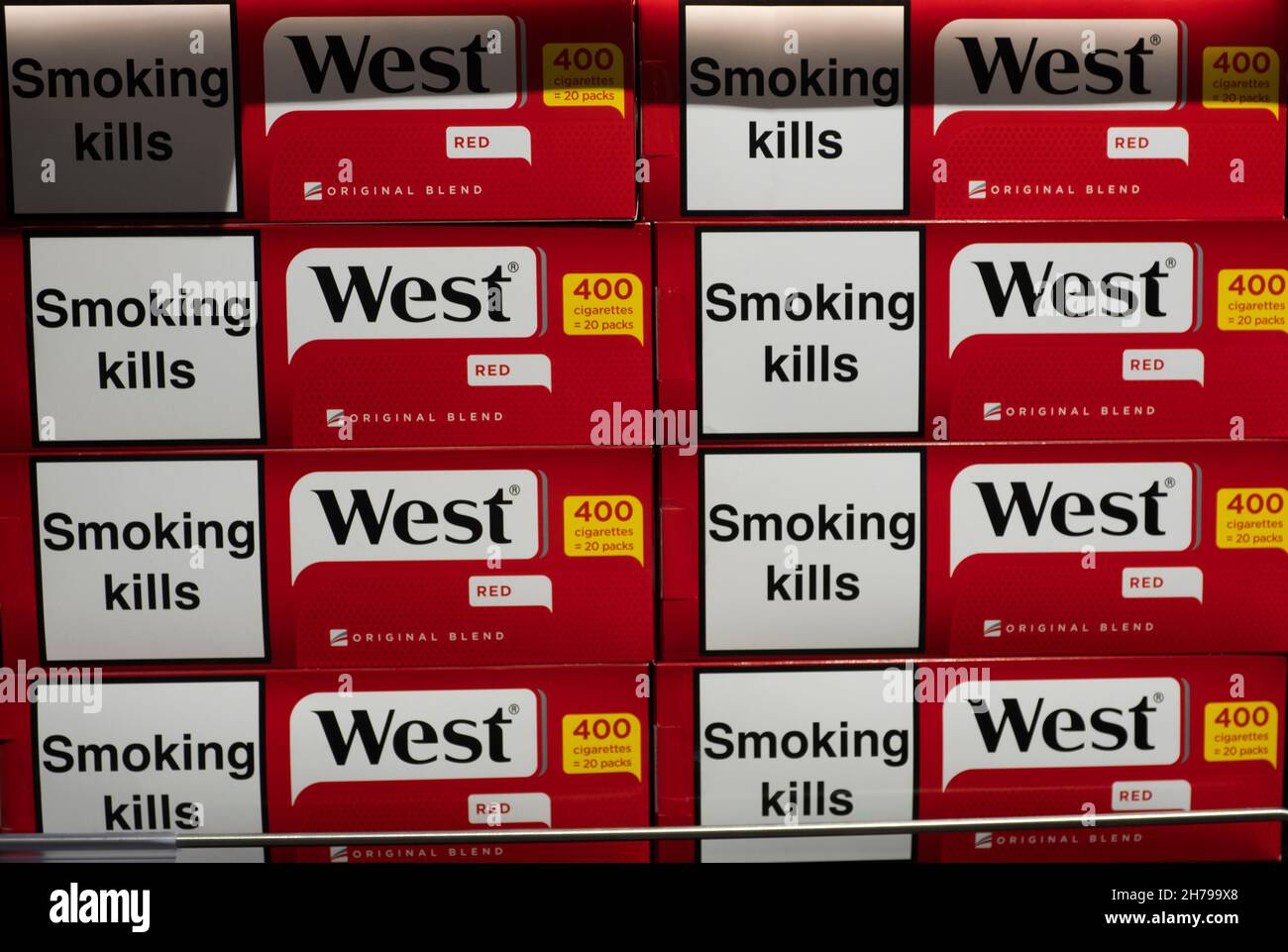 Packs of West cigarettes seen displayed on the shelf of Duty Free store at the Boryspil International Airport. (Photo by Igor Golovniov / SOPA Images/Sipa USA) Stock Photo