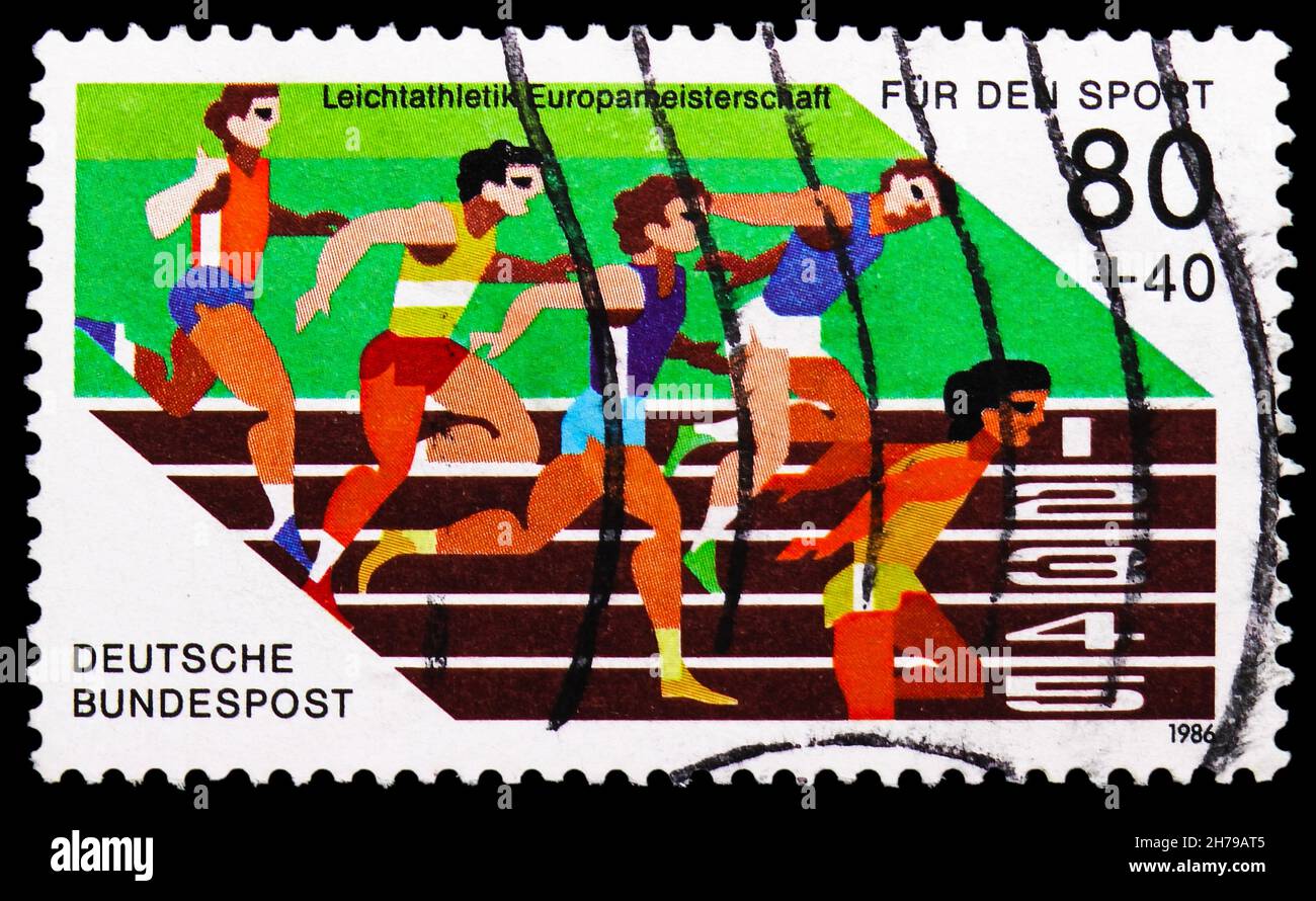 MOSCOW, RUSSIA - OCTOBER 25, 2021: Postage stamp printed in Germany shows Running, Sports Aid serie, circa 1986 Stock Photo