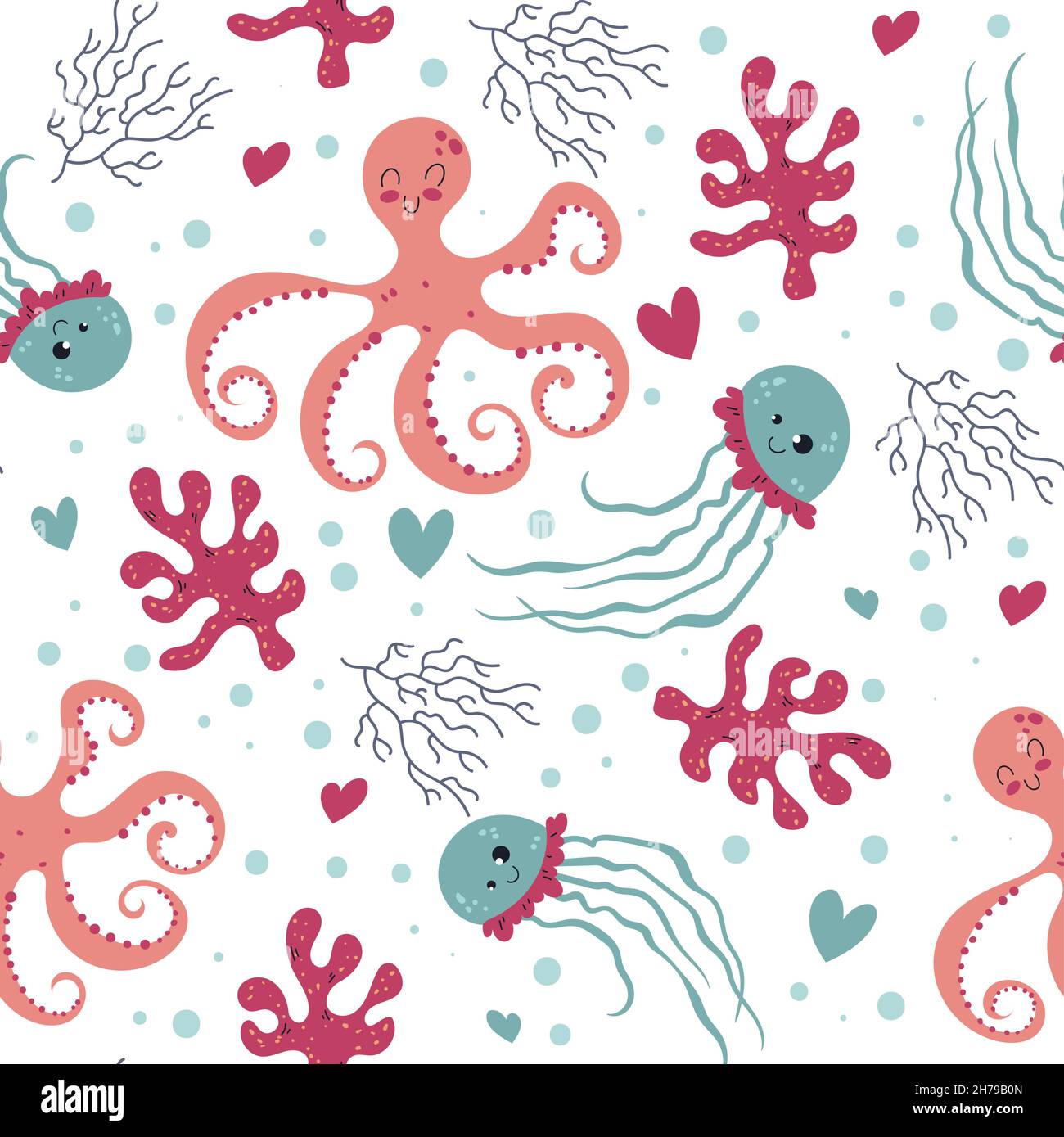 Seamless pattern sea world. Marine animals, corals and algae, kids octopus and jellyfish, ocean underwater creatures, cute characters. Decor textile Stock Vector