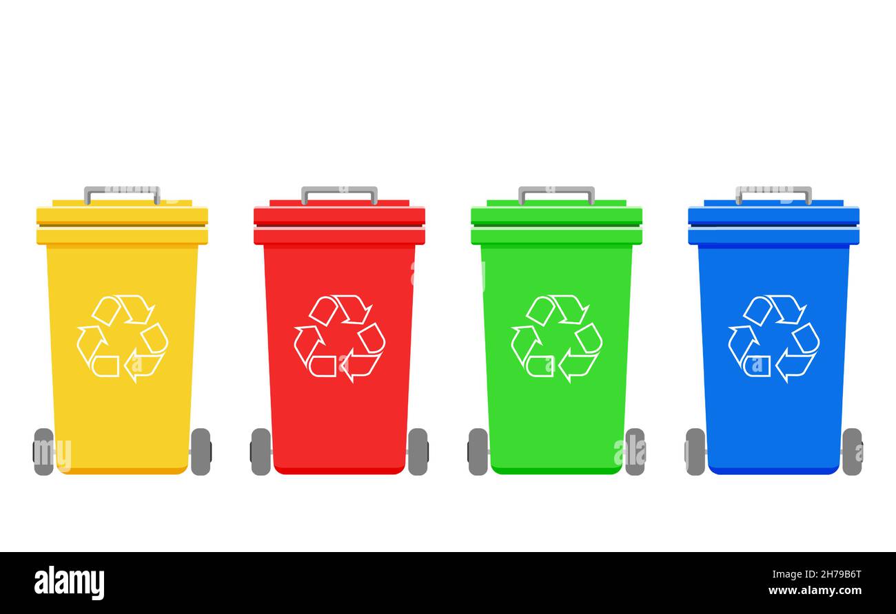 four colorful recycle bins isolated on white background, red, yellow