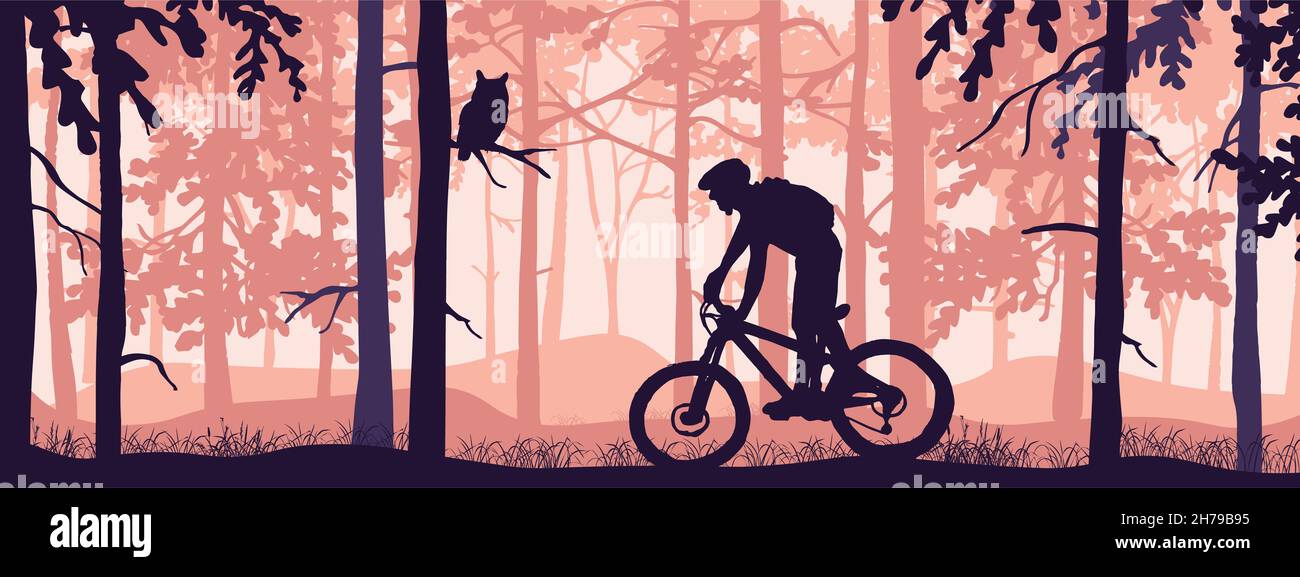 Horizontal banner. Silhouette of mountain bike rider in magical misty  forest. Wild nature landscape. Owl on branch. Pink illustration Stock Photo  - Alamy