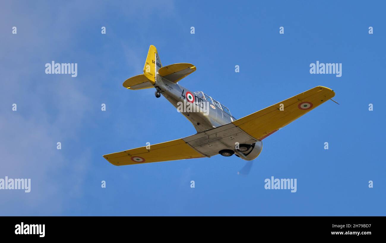 Udine Italy SEPTEMBER, 17, 2021 North American T-6 Texan single engined military trainer aircraft in flight Stock Photo