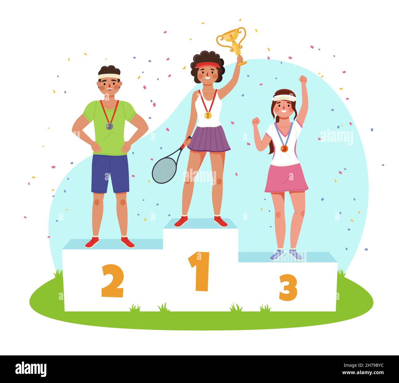 Winner ranking. Stepwise podium with athletes. Award ceremony. Gender equality competition. Sports persons standing on pedestal with golden cup and Stock Vector