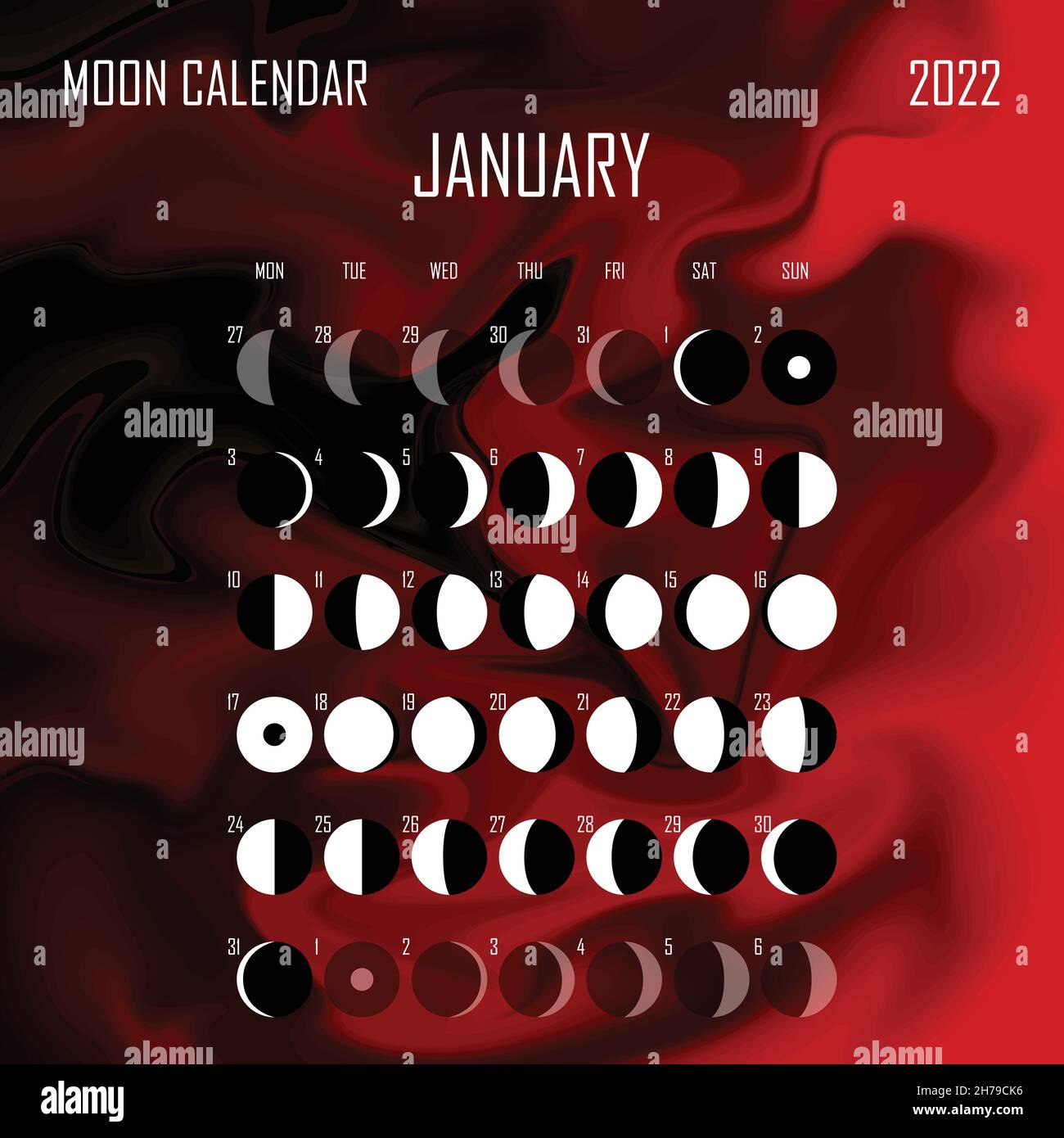 January 2022 Moon calendar. Astrological calendar design. planner