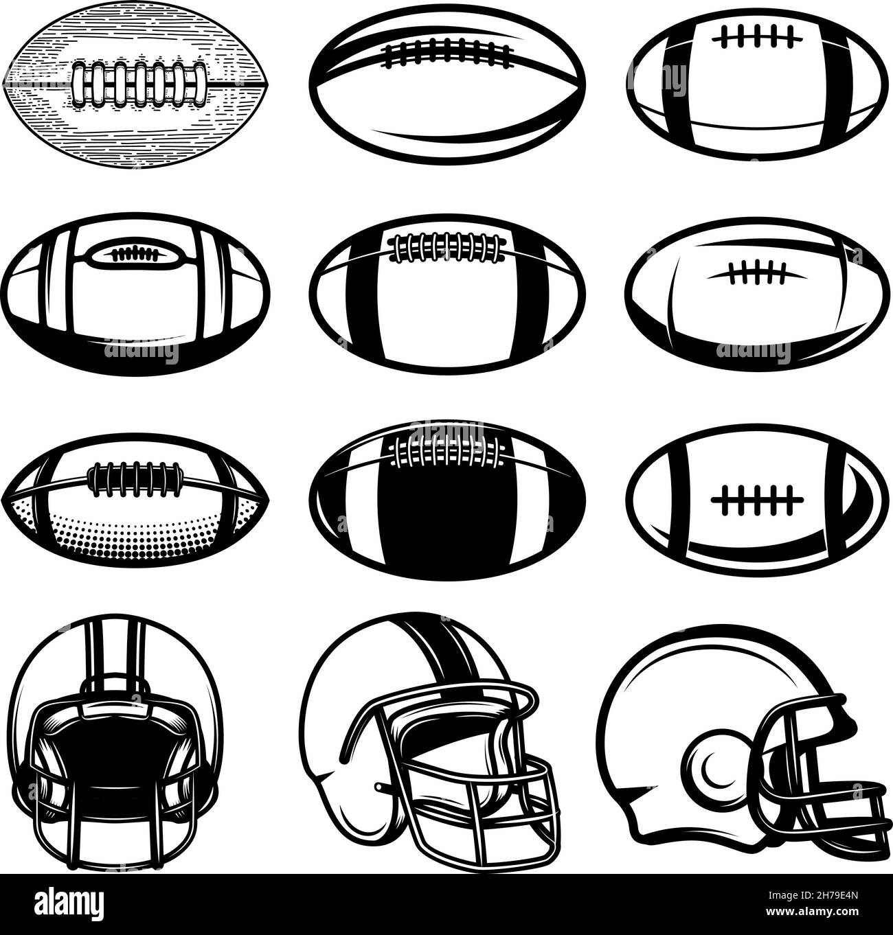 Set of american football balls and helmets. Design element for poster, card, logo, label, sign. Vector illustration Stock Vector