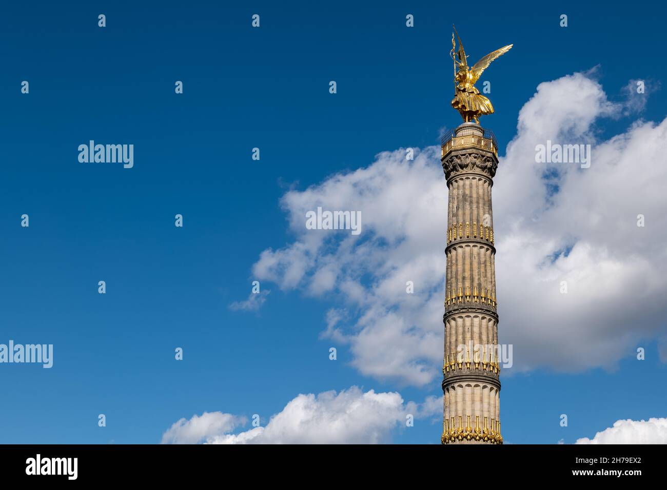 Victory Column in city of Berlin, Germany. Gilded statue of Victoria, the Roman goddess of victory against the sky. Stock Photo