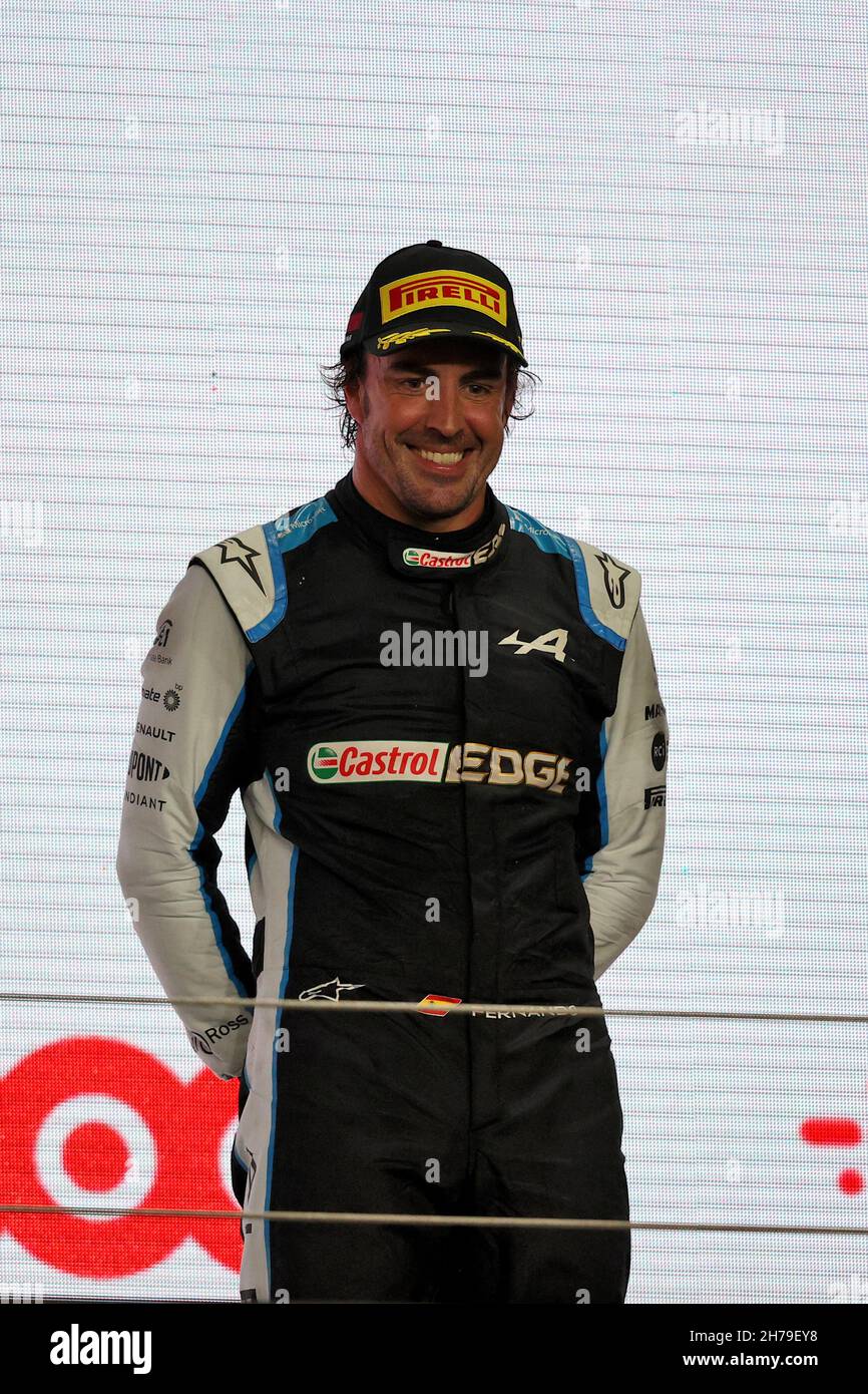 Doha, Qatar. 21st Nov, 2021. Fernando Alonso (ESP) Alpine F1 Team  celebrates his third position on the podium. Qatar Grand Prix, Sunday 21st  November 2021. Doha, Qatar. Credit: James Moy/Alamy Live News
