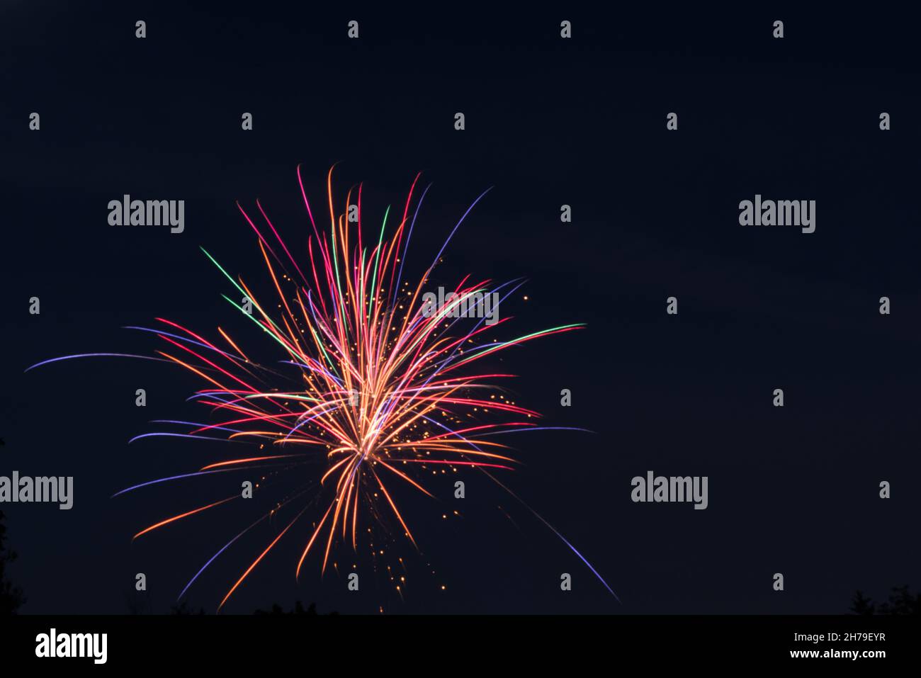 A colorful fireworks bursts with red, green and blue in the night sky