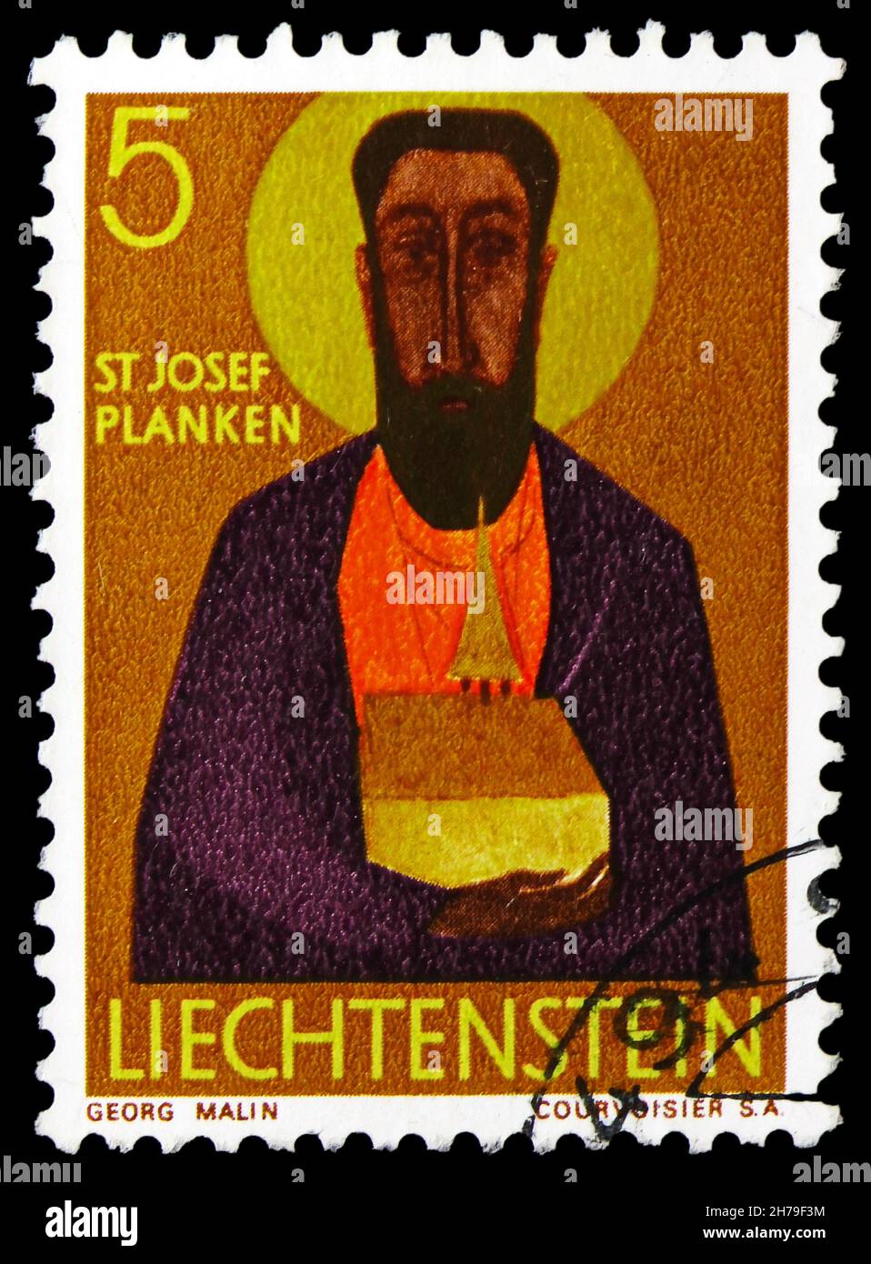 MOSCOW, RUSSIA - OCTOBER 25, 2021: Postage stamp printed in Liechtenstein shows Saint Josef, Planken, Patrons of the eleven municipalities of the Prin Stock Photo