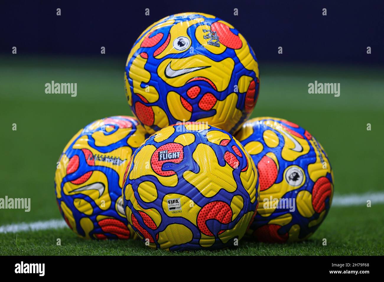 A stack of Nike Flight Premier league branded balls in ,  on 11/21/2021. (Photo by Mark Cosgrove/News Images/Sipa USA) Stock Photo
