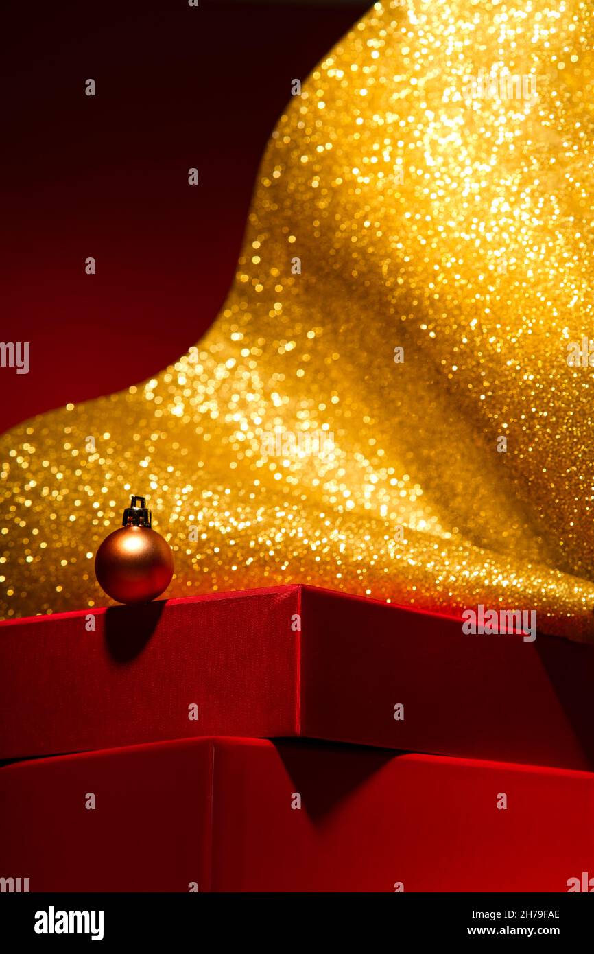 Majestic red podium with gift boxes and gold Christmas decor Red ...