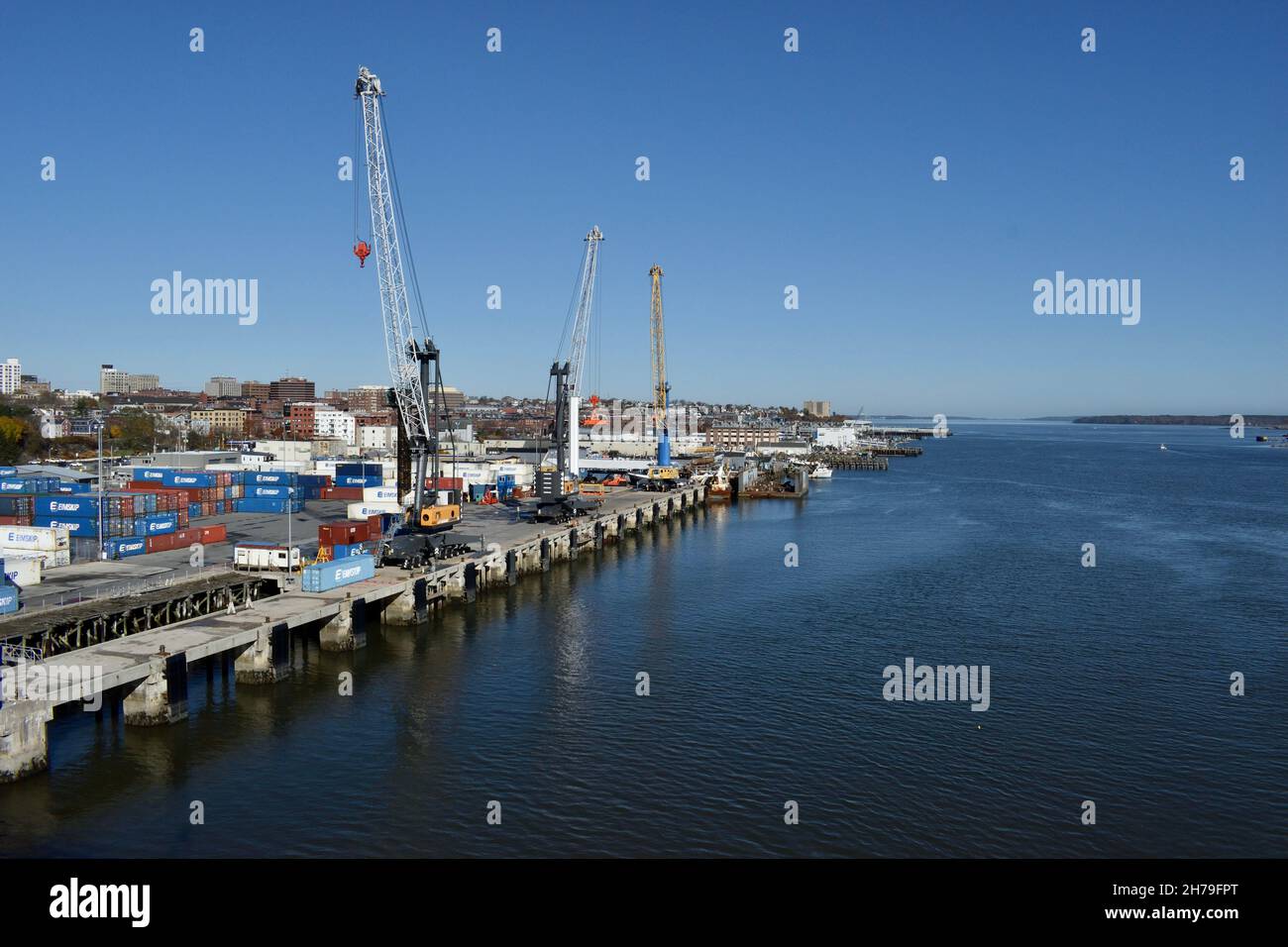 View of the Portland Maine waterfront from the Casco Bay Bridge on a sunny day, November 13, 2021, in Portland, Maine. Stock Photo