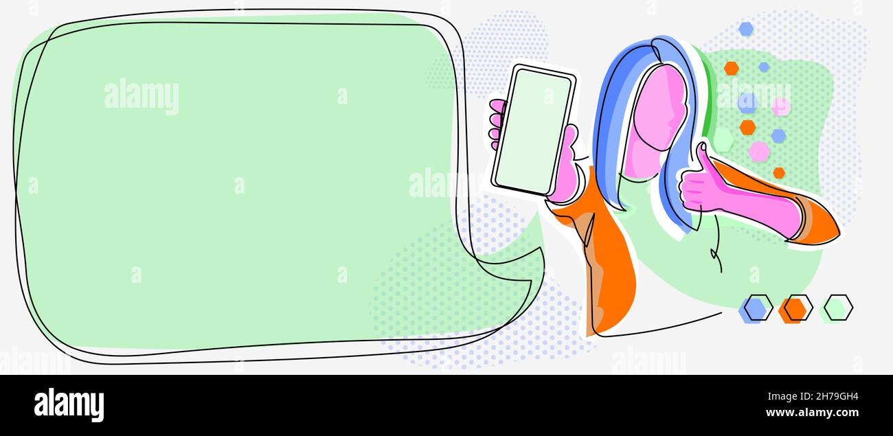 Line Drawing For Lady Holding Phone Presenting New Ideas With Speech Bubble. Woman Carrying Mobile Displaying New Ideas With Conversation Balloon. Stock Vector