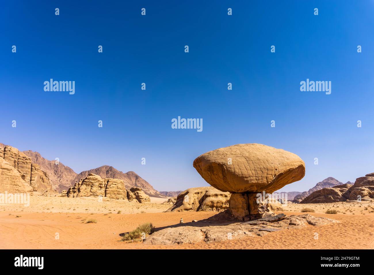 View of the famous mushroom rock in Wadi Rum, Jordan Stock Photo